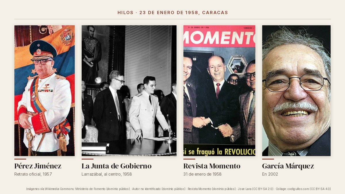 Collage de cuatro imágenes: Marcos Pérez Jiménez en 1957, la Junta de Gobierno de 1958, la portada de la revista Momento de enero de 1958 y Gabriel García Márquez
