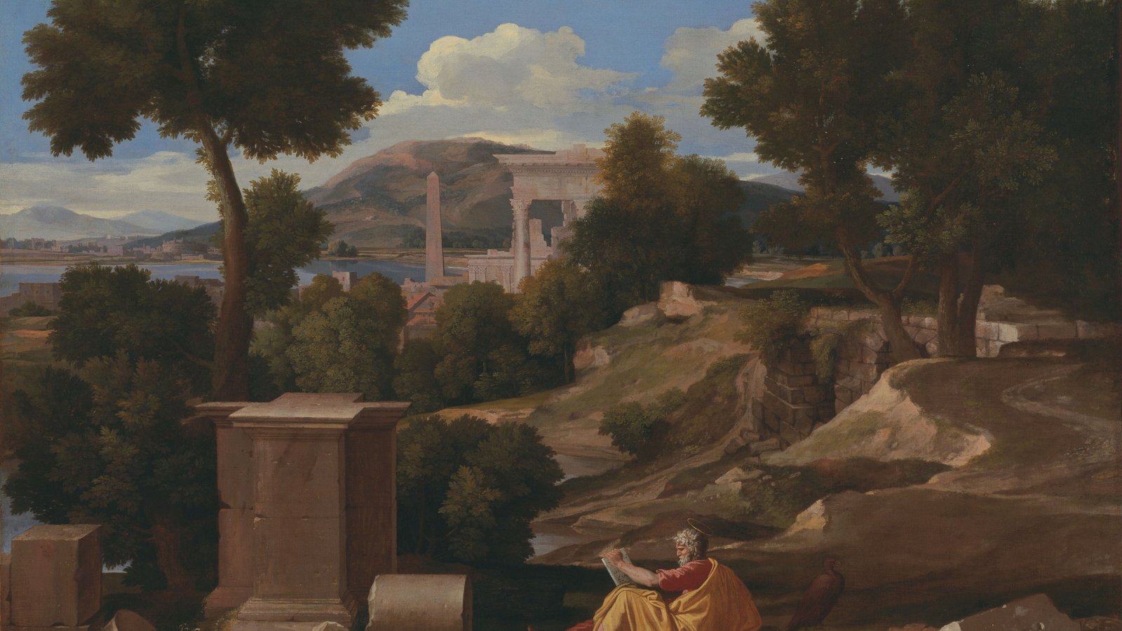 Pintura de Poussin con San Juan escribiendo en un paisaje de ruinas clásicas en Patmos