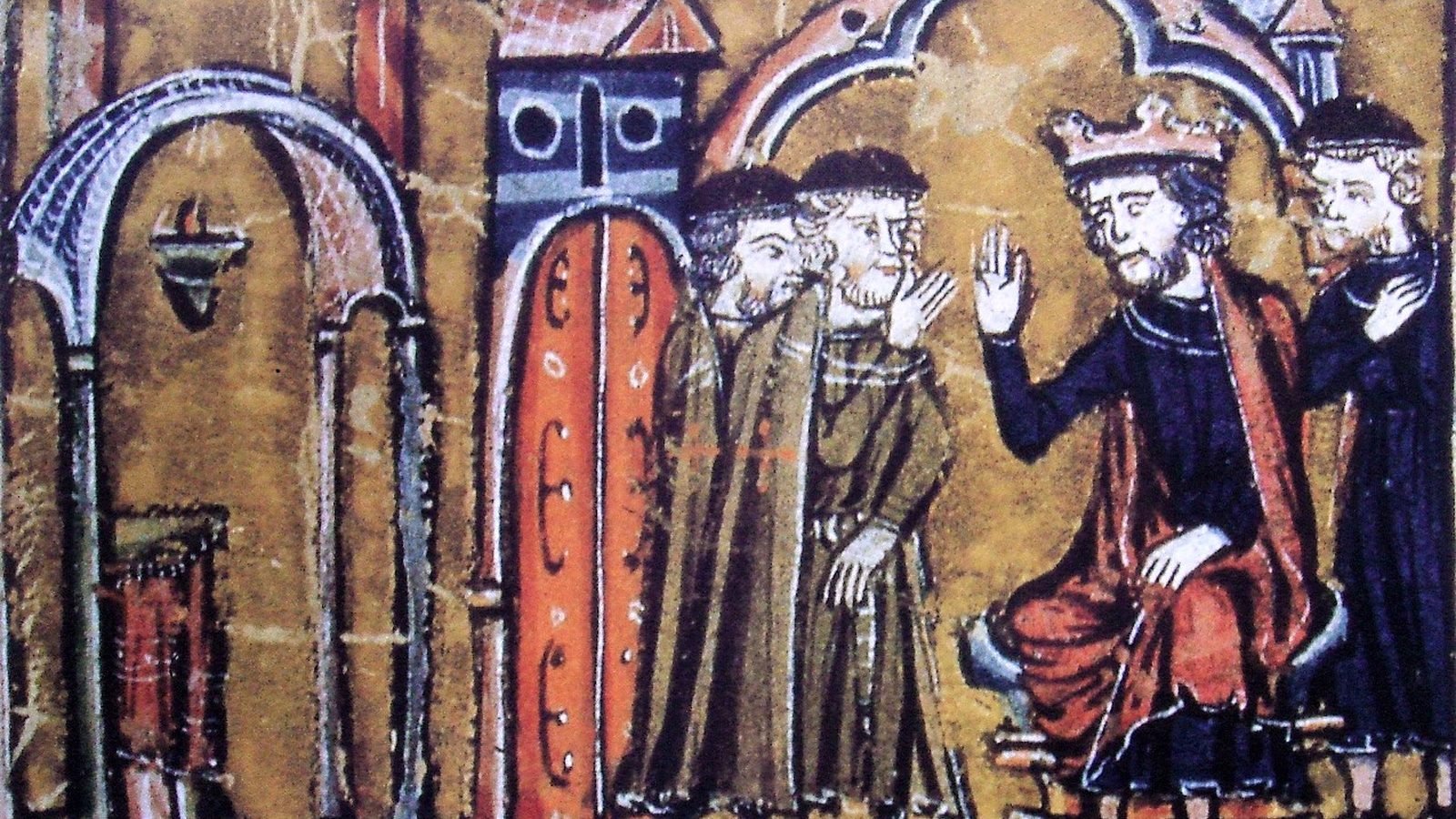 Miniatura medieval de un rey coronado sentado que gesticula ante varios hombres de pie bajo arcos góticos