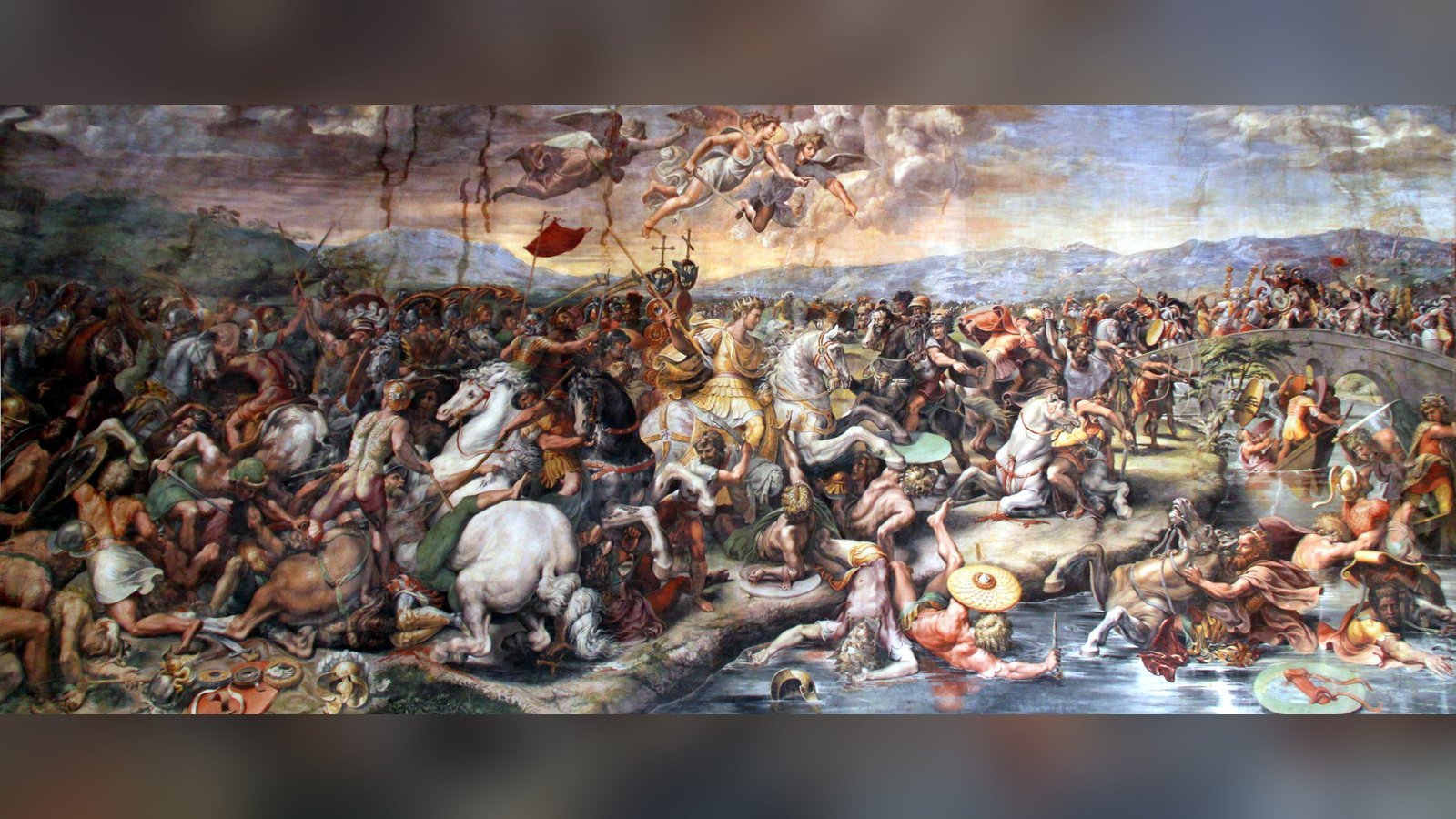 Fresco de la batalla del Puente Milvio de Giulio Romano y taller de Rafael, Vaticano, 1520-1524 (Wikimedia Commons, dominio público)