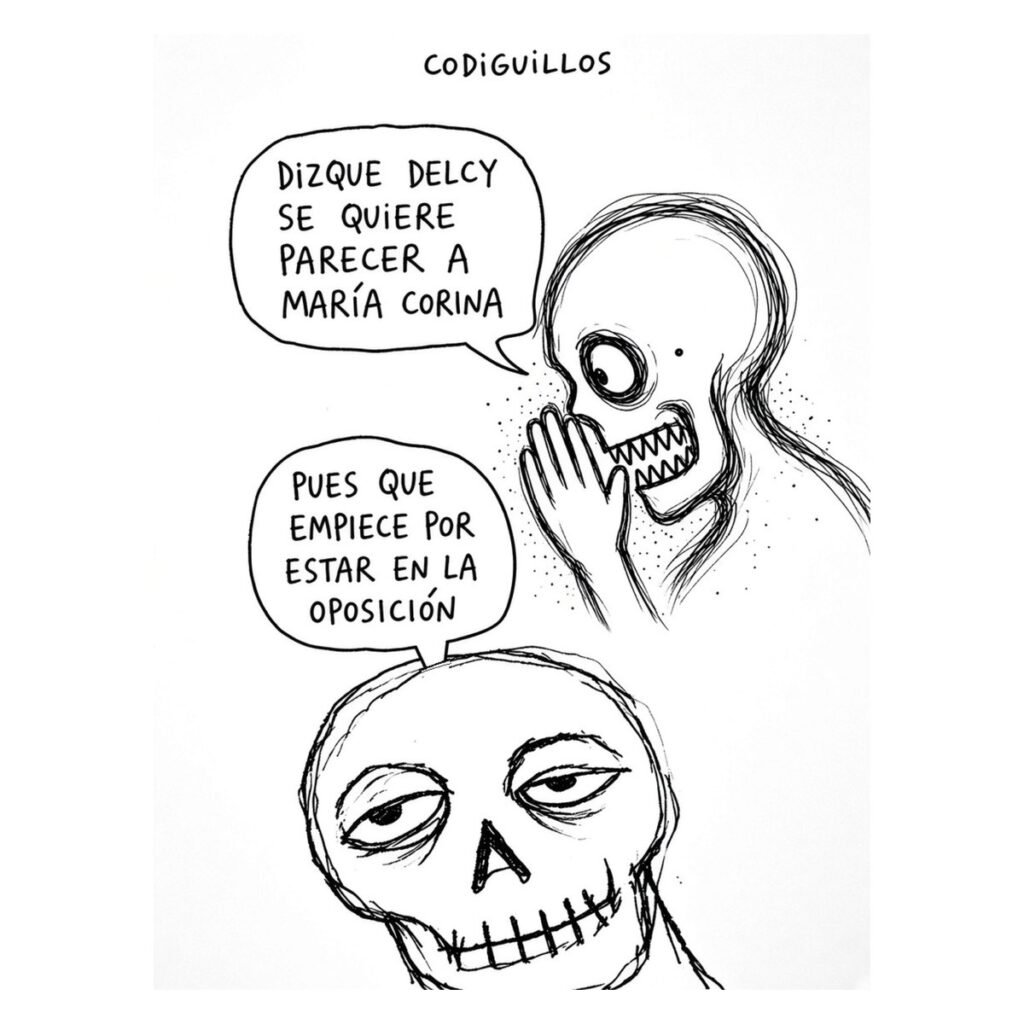 Caricatura de Codiguillos en blanco y negro: una calavera susurra "Dizque Delcy se quiere parecer a María Corina" y otra calavera responde "Pues que empiece por estar en la oposición".