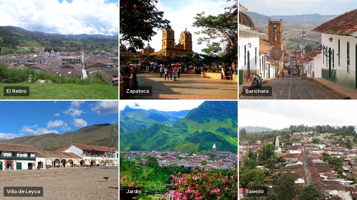 Collage a color de seis pueblos de Colombia: vista de El Retiro (Antioquia) con tejados entre montañas verdes; la plaza y la iglesia de dos torres de Zapatoca (Santander); una calle empedrada de casas blancas en Barichara (Santander); la Plaza Mayor empedrada de Villa de Leyva (Boyacá) bajo cielo azul; panorámica de Jardín (Antioquia) entre montañas con flores rosadas; y los tejados de barro de Salento (Quindío)