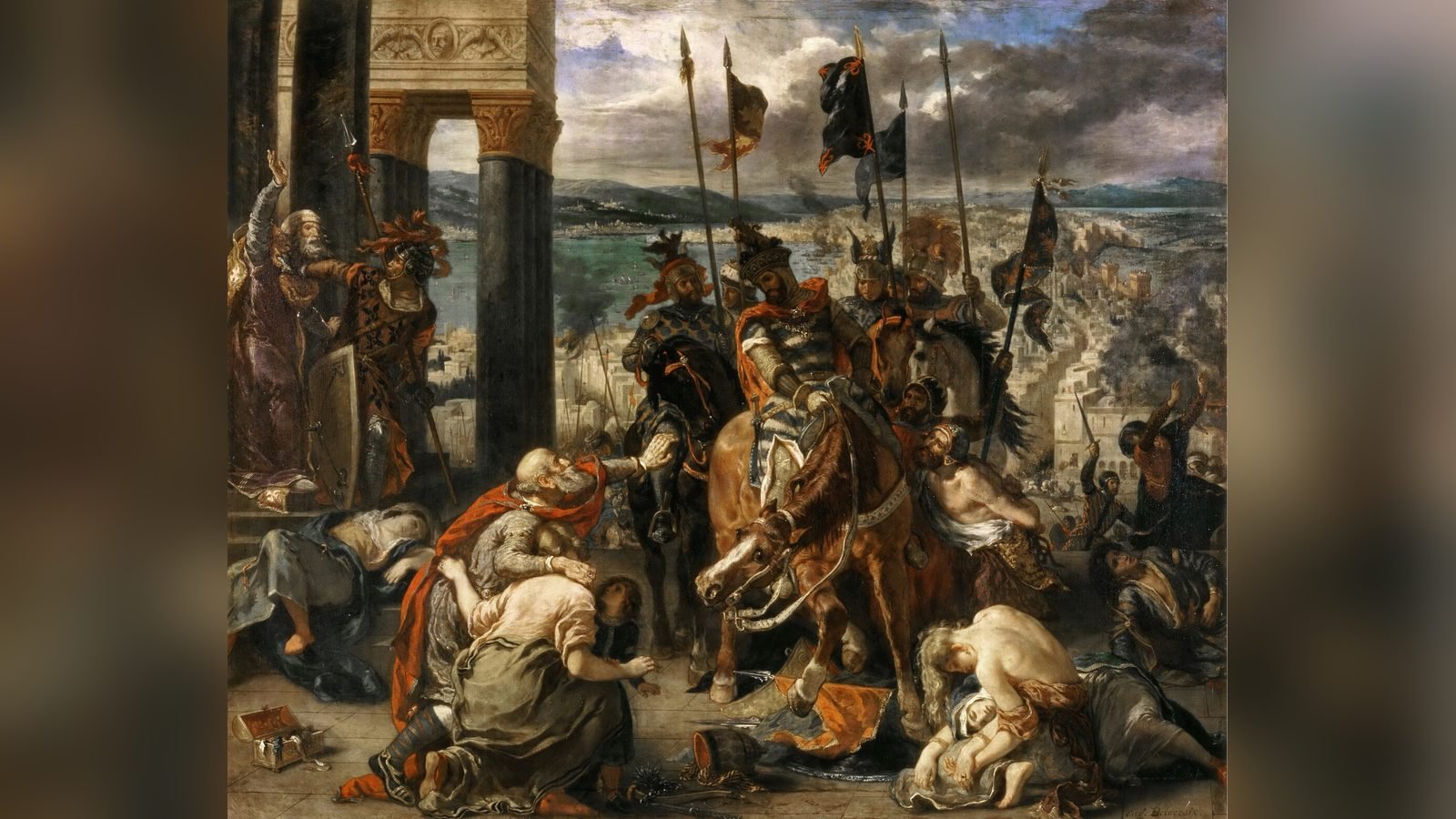 Pintura de Delacroix: jinetes cruzados entran en Constantinopla entre habitantes suplicantes en 1204