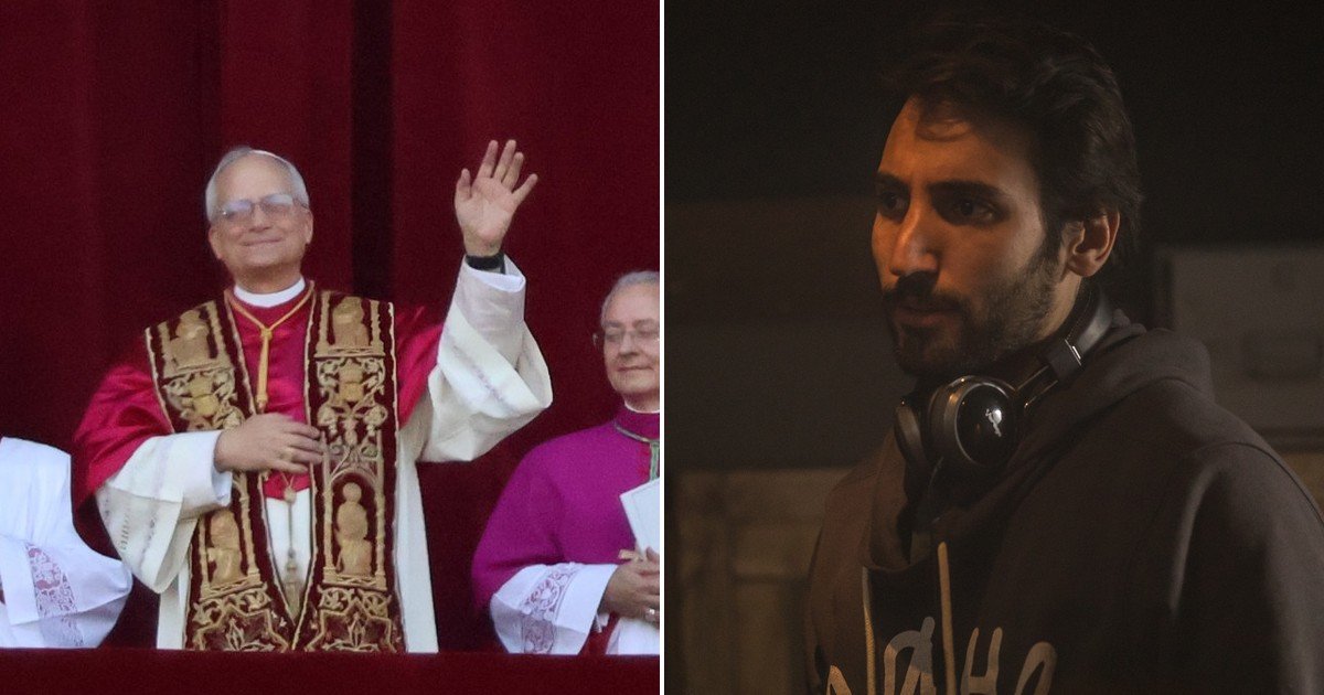A la izquierda, el papa León XIV saluda desde la logia de San Pedro el 8 de mayo de 2025; a la derecha, el director uruguayo Guillermo Amoedo durante el rodaje de El habitante