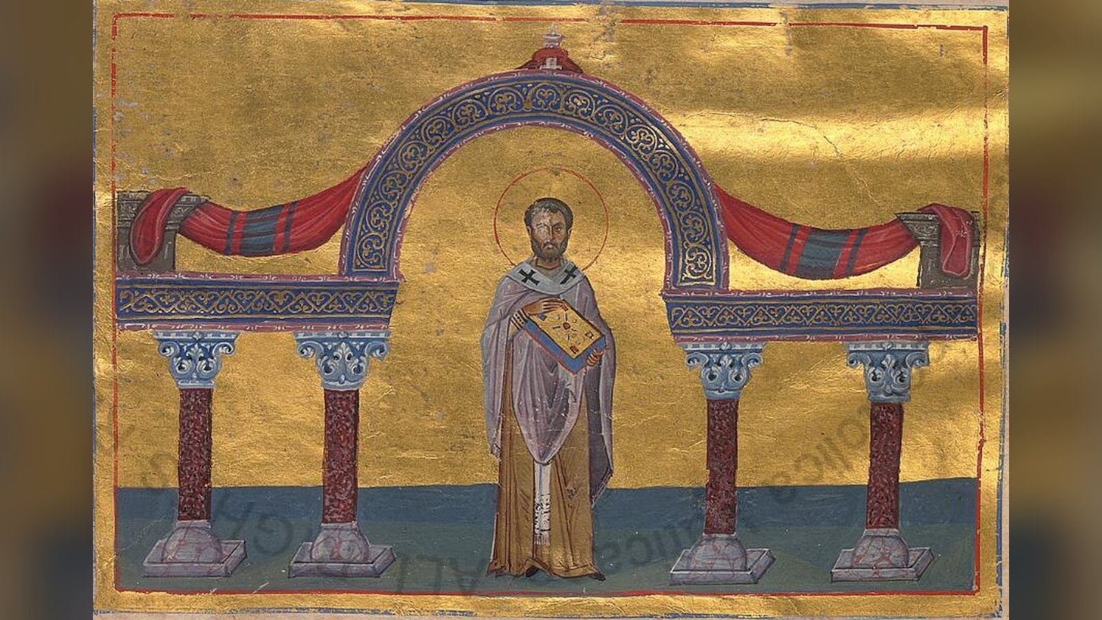 Miniatura de san Flaviano, patriarca de Constantinopla, en el Menologio de Basilio II, c. 985, Biblioteca Vaticana (Wikimedia Commons, dominio público)