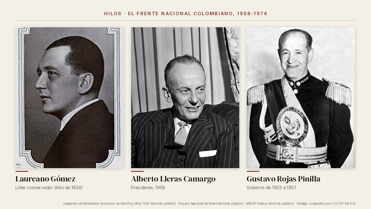Collage de tres retratos: Laureano Gómez, Alberto Lleras Camargo y Gustavo Rojas Pinilla, protagonistas del origen del Frente Nacional en Colombia
