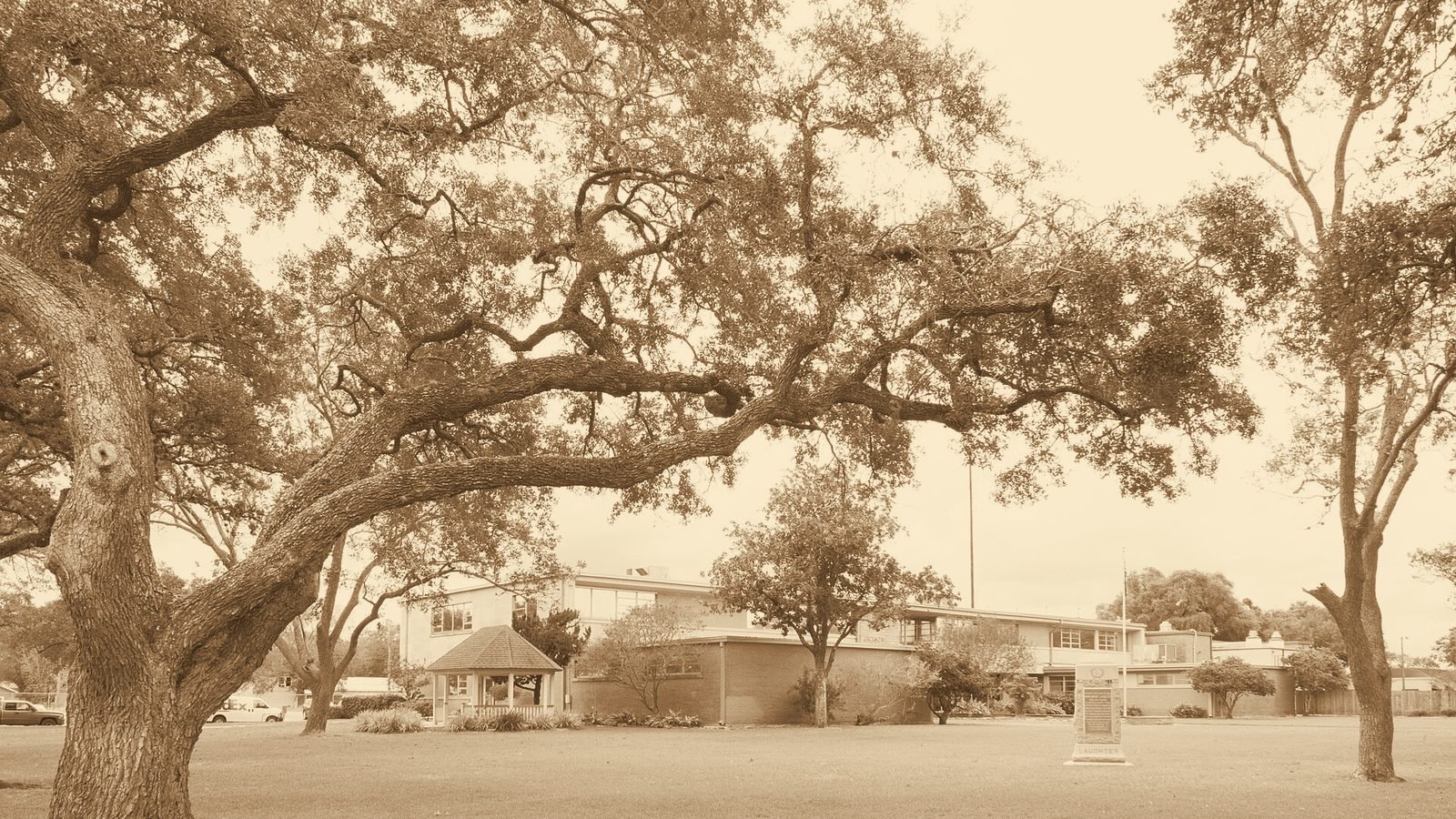 Juzgado del condado de Jackson en Edna (Texas), rodeado de robles, en una fotografía reciente
