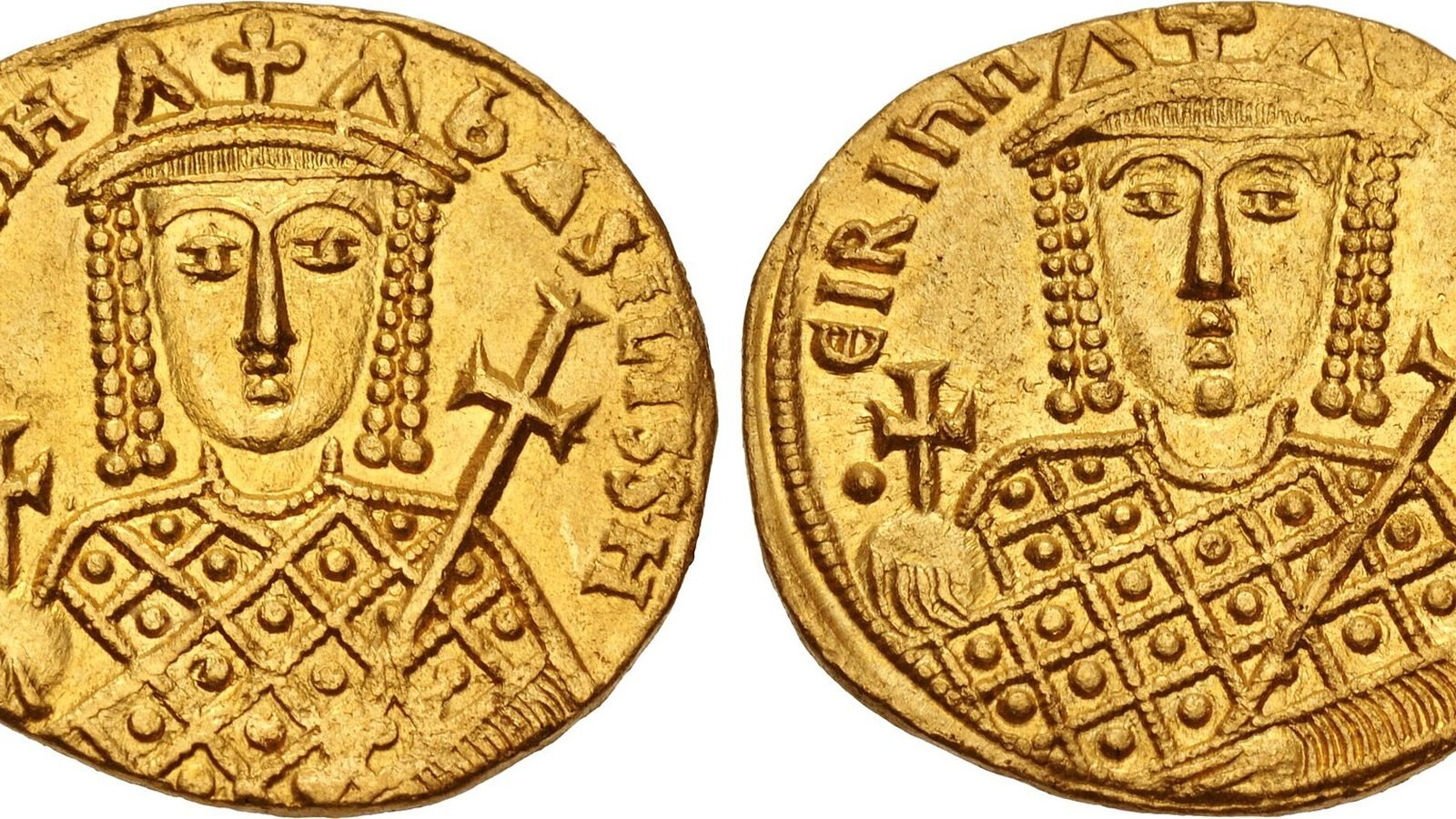 Moneda de oro bizantina con el busto coronado de la emperatriz Irene en ambas caras