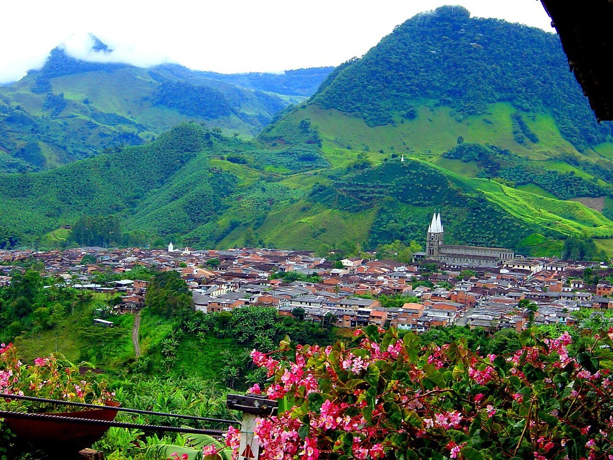 Vista panorámica del casco urbano de Jardín (Antioquia), con tejados de barro y la basílica de torres blancas en medio de montañas verdes; en primer plano, flores rosadas
