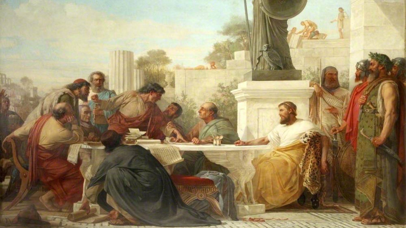 Pintura de Juliano el Apóstata sentado ante un grupo de religiosos en disputa