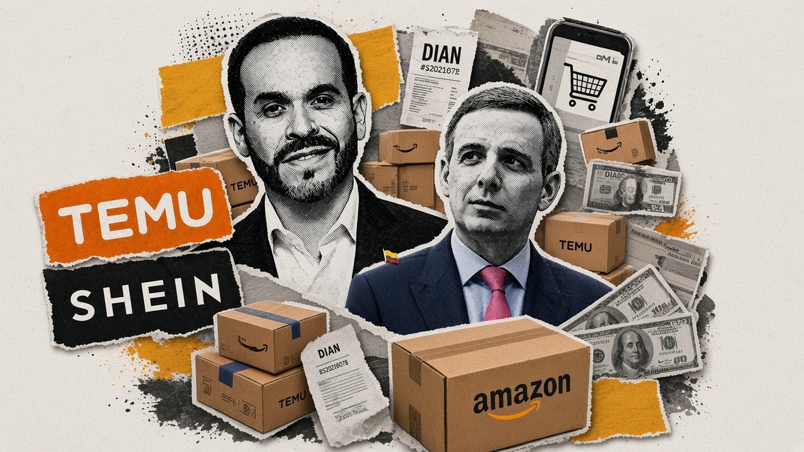 Collage de Abelardo de la Espriella y el ministro de Hacienda Miguel Gómez Martínez con cajas de Temu, Shein y Amazon