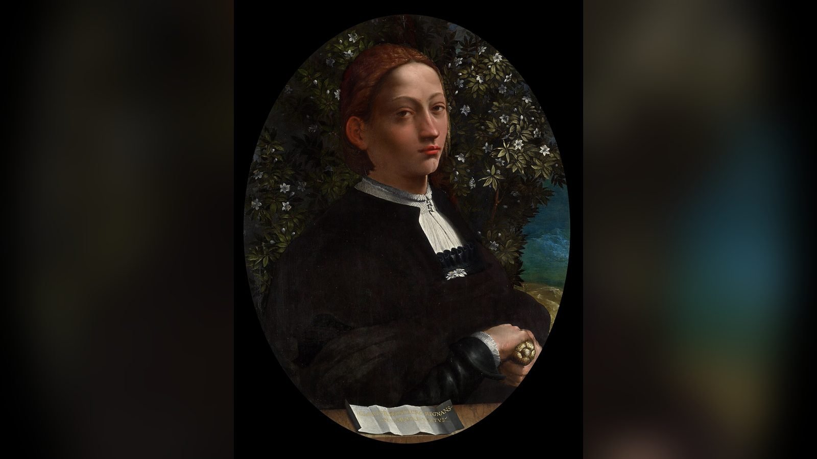 Retrato renacentista ovalado de una figura joven pelirroja vestida de negro con una daga en la mano, ante un arbusto de mirto con flores blancas