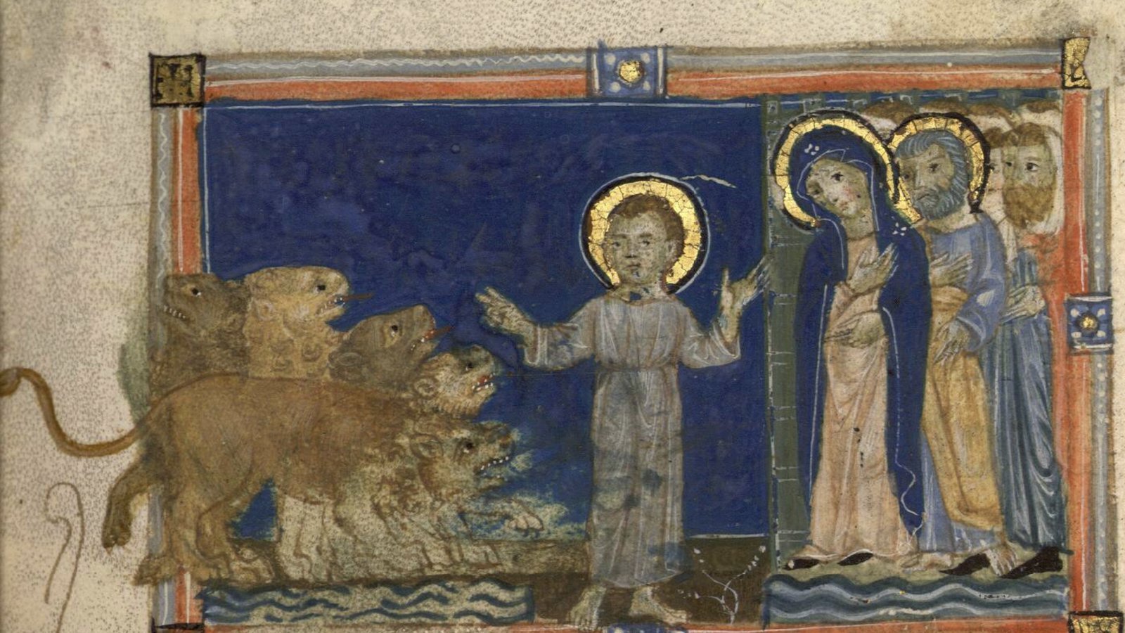 Miniatura del siglo XIII del Evangelio del Pseudo-Mateo: el Niño Jesús rodeado de leones junto al Jordán, BnF Latin 2688 (Wikimedia Commons, dominio público)