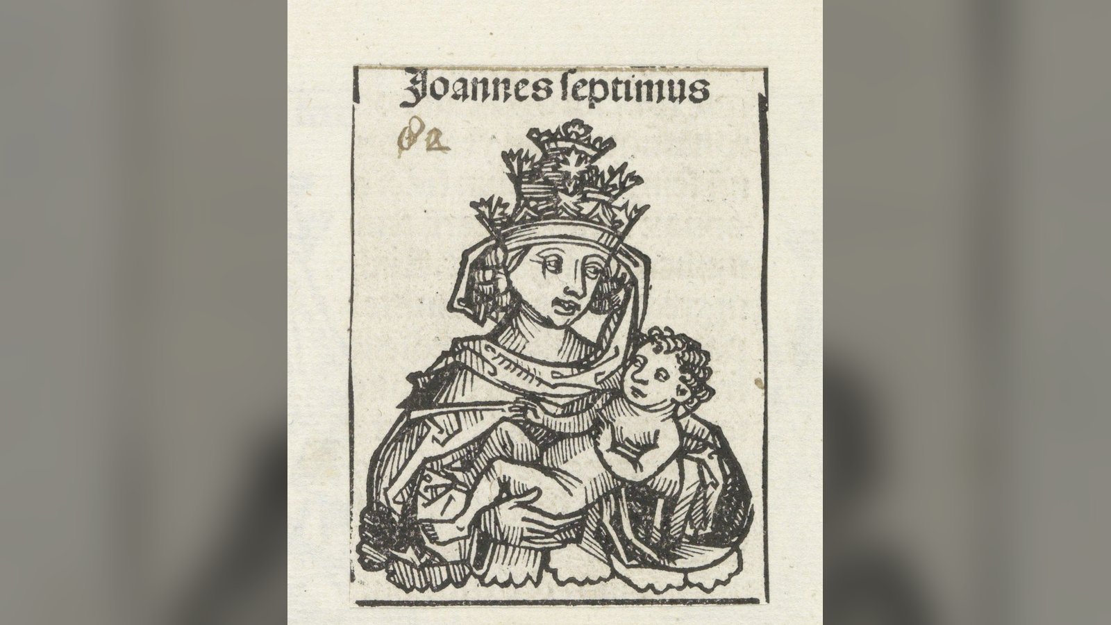 Grabado de la papisa Juana con tiara y un niño en brazos, Crónica de Núremberg de Hartmann Schedel, 1493 (Rijksmuseum, CC0, vía Wikimedia Commons)