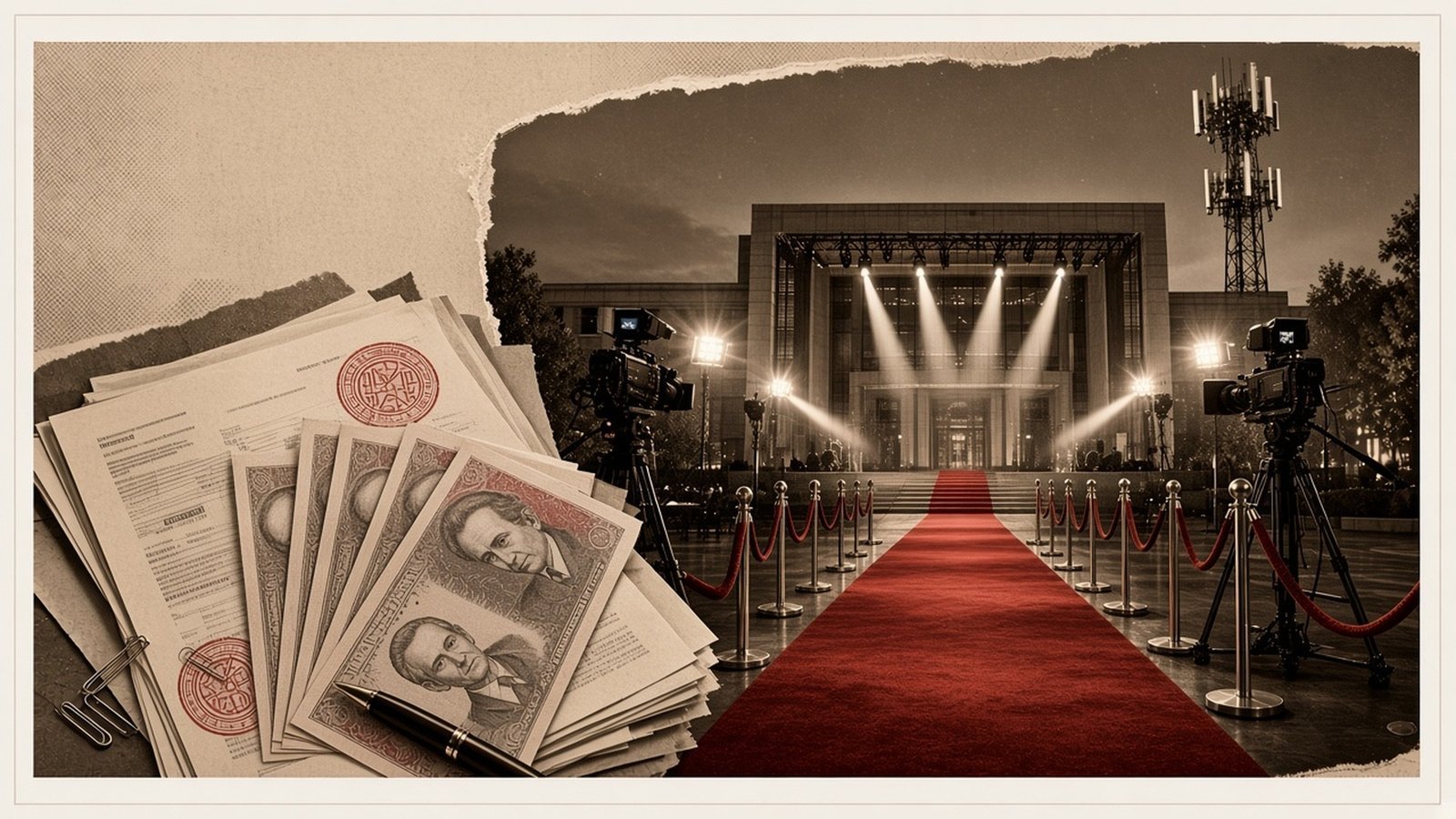 Collage sepia de una alfombra roja hacia una sede de televisión con cámaras, focos, torre de transmisión y contratos con billetes