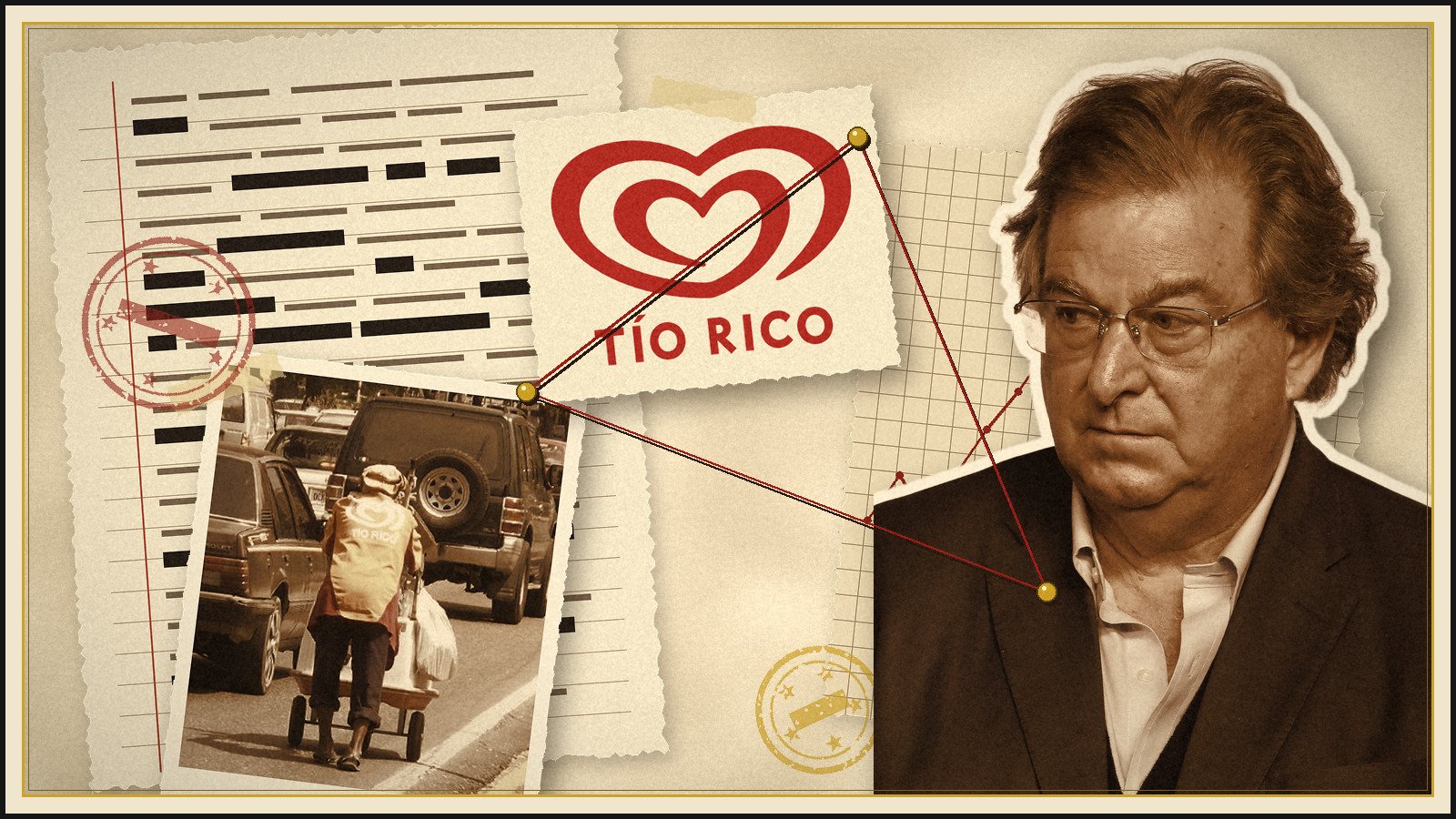 Collage: retrato del empresario Jaime Gilinski junto al logo de Tío Rico, documentos tachados y un vendedor de helados Tío Rico en una calle venezolana