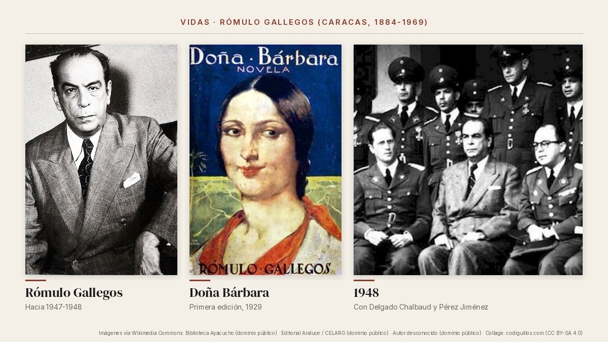 Collage de tres imágenes: retrato de Rómulo Gallegos hacia 1947, portada de la primera edición de Doña Bárbara de 1929 y Gallegos junto a Carlos Delgado Chalbaud y Marcos Pérez Jiménez en 1948